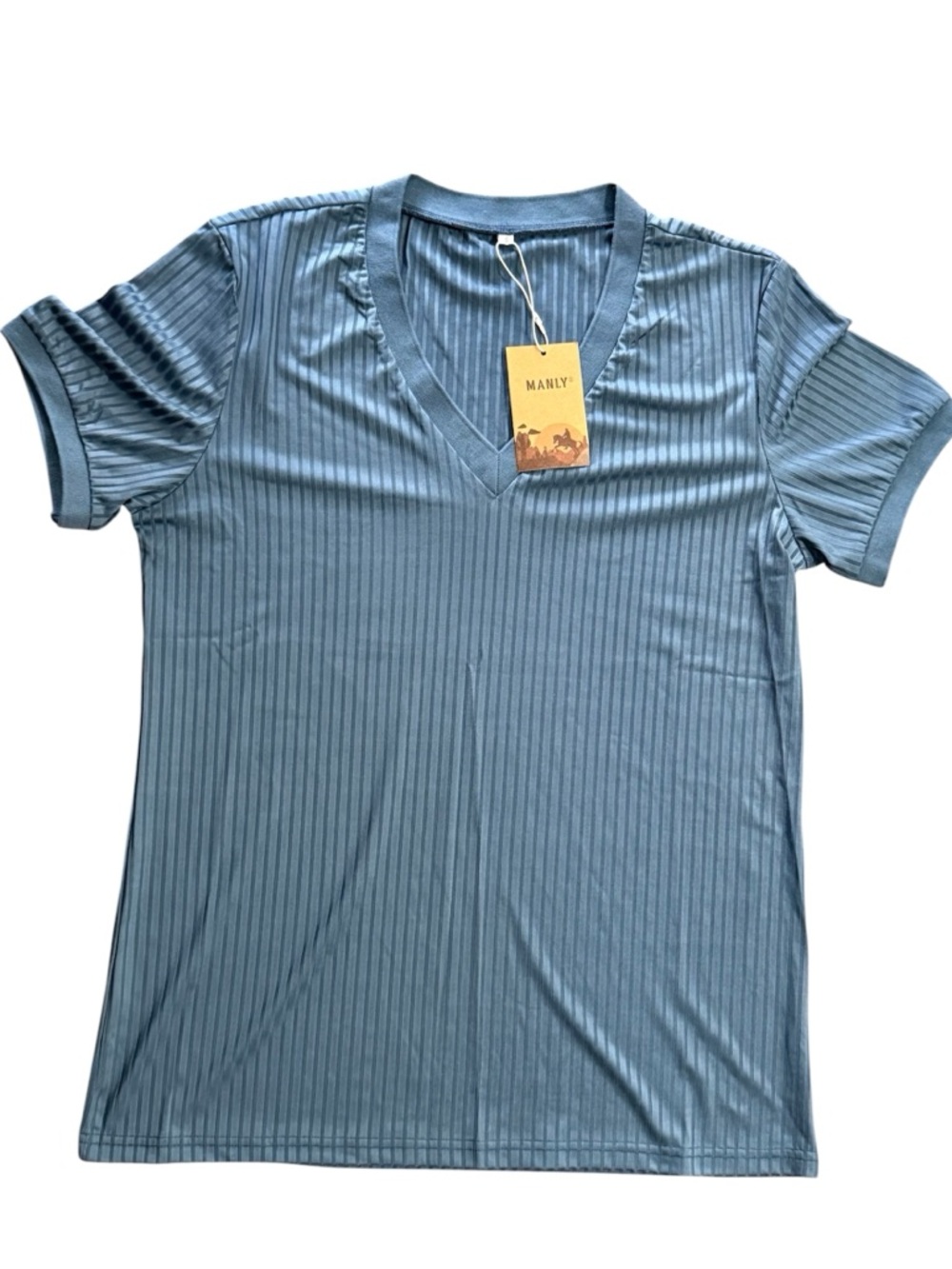 Manly - NWT - Men’s Ribbed V-Neck Tee in Dusty Blue Size Small
